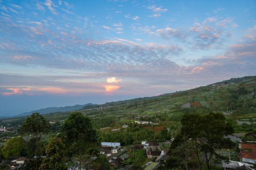 Pemandangan rumah adat panggung beratap alang-alang di Desa Adat Praijing, Pulau Sumba, dengan latar belakang perbukitan hijau saat matahari terbenam.
