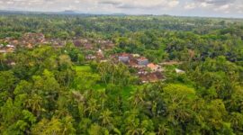 Seorang pelancong menikmati pemandangan perbukitan hijau sembari berinteraksi dengan warga lokal di desa wisata kawasan lereng gunung.